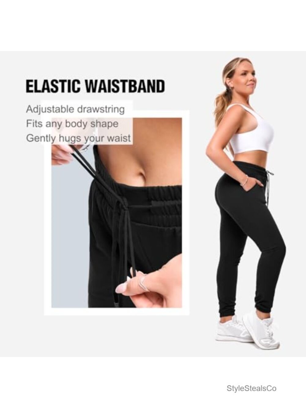 Women's High Waisted Joggers with Pockets 4-Way Stretch Drawstring Sweatpants - Picture 2 of 6